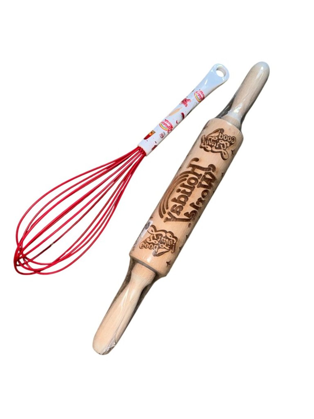 Holiday World 'Good Gravy' Wisk And Dough Press Wooden Rolling Pin-New